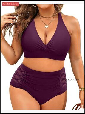 Plus Size V-Neck Bikini Set High Waisted Tummy Control Swimwear